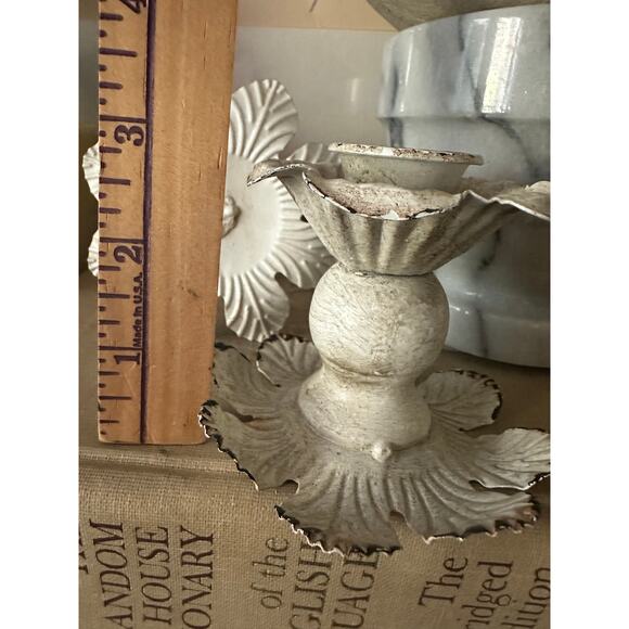White metal floral taper candle holders distressed primitive pair cottage set - Picture 9 of 10